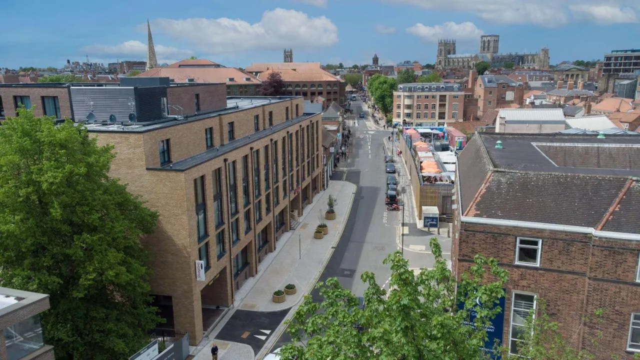 Overhead view of Piccadilly street and buildings near Hampton by Hilton York Piccadilly