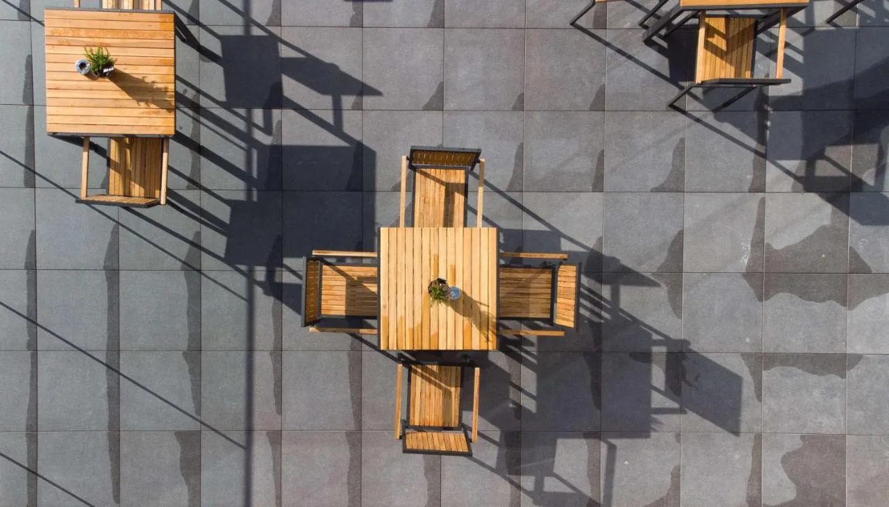 Overhead view of wooden bird boxes on a building above the York hotel